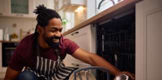 Save It; Don’t Waste It – Tip No. 8 Happy black man washing dishes in a dishwasher.